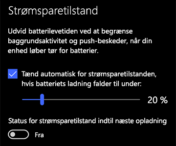 Billede af indstillinger for strømsparetilstand