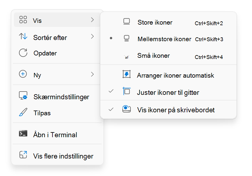 Skærmbillede af genvejsmenuen på skrivebordet, der vises, når du højreklikker.
