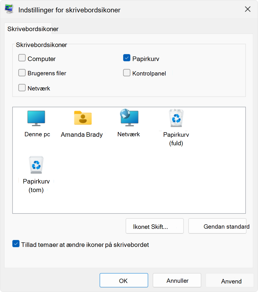 Skærmbillede af indstillingerne for skrivebordsikoner i Windows.