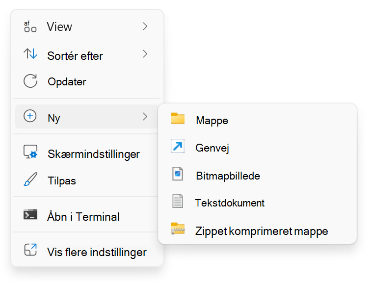 Skærmbillede af højreklik på > Ny.