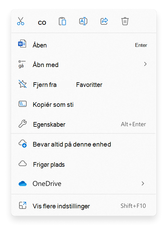 Vælg kommandoer til filer eller mapper i Stifinder højreklik på genvejsmenuen.