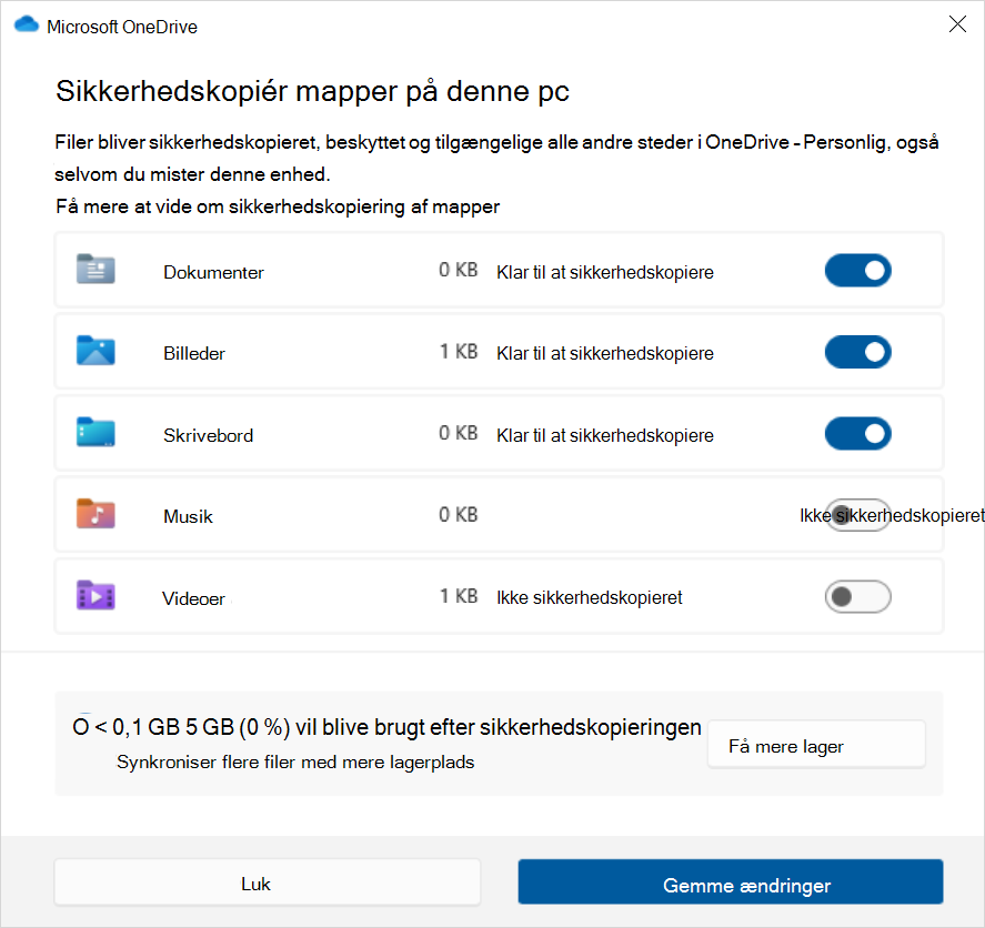 Skærmbillede af Sikkerhedskopiering i OneDrive i Windows 10.