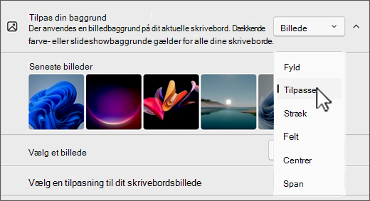 Skærmbillede af tilpasning af skrivebordet, der passer til et billedvalg.