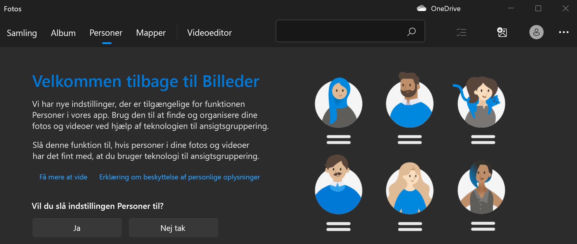 Viser velkomstskærmen for fotos med ja- og nej-knapper efter et spørgsmål om at aktivere indstillingen Personer.