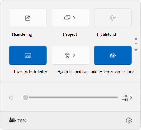 Skærmbillede af hurtige indstillinger i Windows.