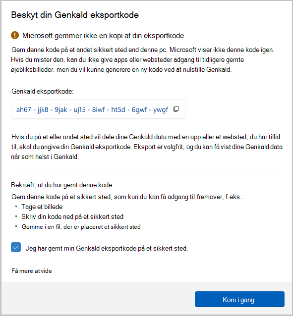 Skærmbillede af eksportkoden til tilbagekaldelse
