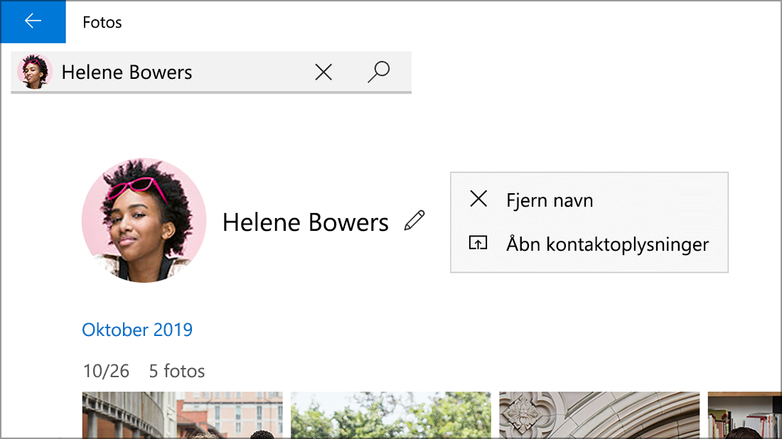 Skærmbillede af en kontakt, der viser indstillingen Fjern navn.