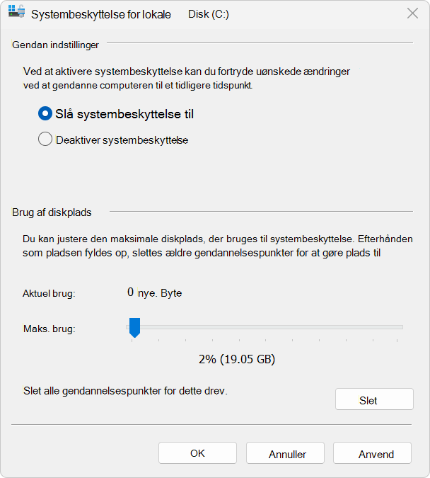 Skærmbillede af Systembeskyttelse.