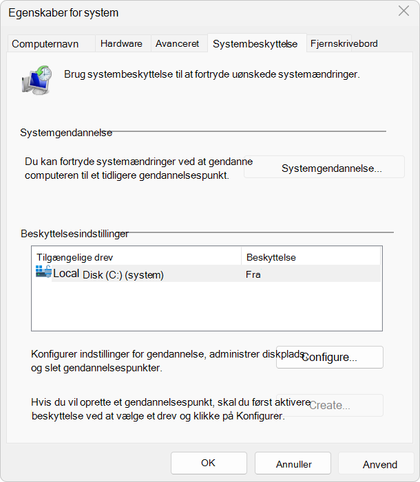 Skærmbillede af indstillinger for Systembeskyttelse.