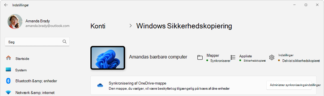 Skærmbillede af Indstillinger, der viser status for Windows Sikkerhedskopiering.