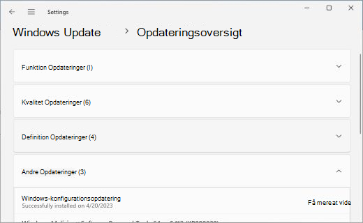Viser siden Opdateringsoversigt med sektionen Andet Opdateringer udvidet.