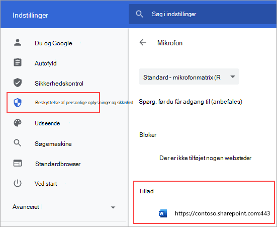 Indstillingsside for mikrofontilladelser for Chrome
