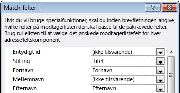 Dialogboksen Match felter