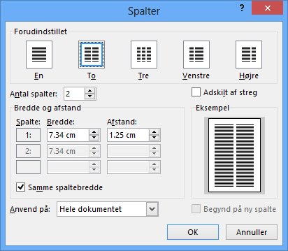 Dialogboksen Spalter