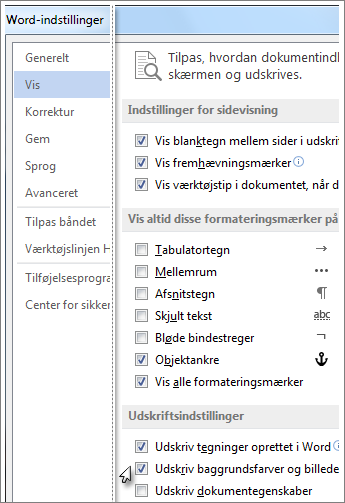Afkrydsningsfeltet Udskriv baggrundsfarver og billeder i dialogboksen med indstillinger for Word