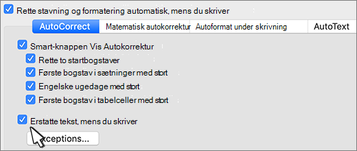 Word til mac erstatter tekst, mens du skriver afkrydsningsfelt.