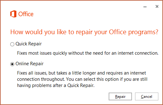 Dialogboksen Office Repair ved reparation af synkroniseringsappen i OneDrive for Business