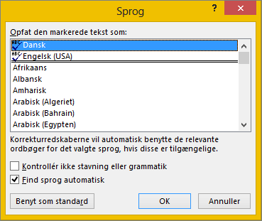 Dialogboksen Sprog