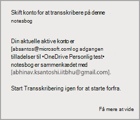 Skift konto for at transskribere på denne notesbog