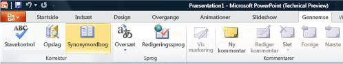 PowerPoint-båndet, Fanen Gennemse, Synonymordbog