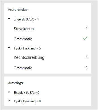 Korrektioner og forbedringer er oplistet efter sprog i ruden Editor.