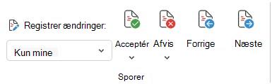 Menu til registrering af ændringer på Word internettet