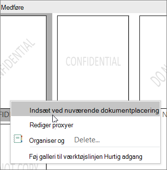 Højreklik på miniaturen for vandmærket, der viser kommandoen Indsæt ved aktuel placering af dokument.