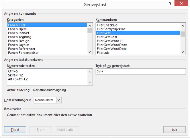 Opret en ny tastaturgenvej i dialogboksen Tilpas tastatur