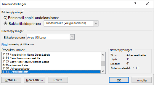 Dialogboksen Mærkatindstillinger