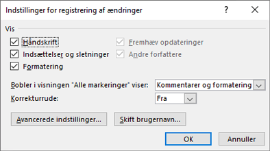 Dialogboksen Indstillinger for registrering af ændringer