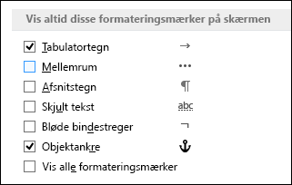 Altid vise eller skjule formateringssymboler