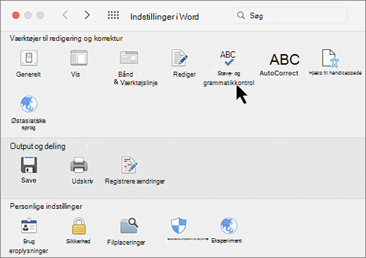 Dialogboksen Mac-indstillinger med Stavekontrol markeret