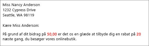 Brevfletningsdokument, der læser dit bidrag på 50,00 og giver dig 20 rabat.