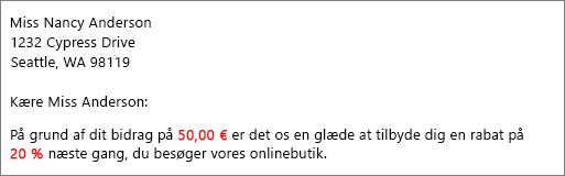 Dokument med resultater af brevfletning læser dit bidrag på $ 50,00 og giver dig 20 % rabat.
