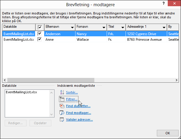 Resultater fra filtrering af en modtagerliste som en del af brevfletning i Word.
