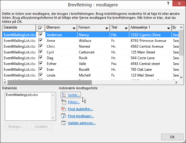 Som en del af Word brevfletning, resultater af en slags modtagerliste.
