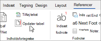 Fanen Reference, der viser knappen Opdater tabel