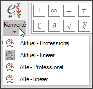 Billede af menuen Konvertér, der viser formatvalgene til konvertering af ligningen.