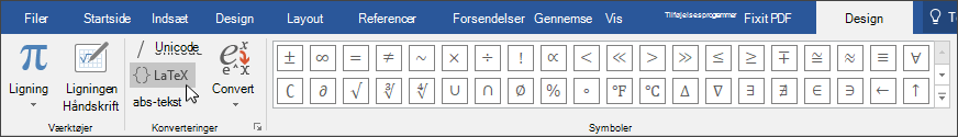 Billede af fanen Design, der viser de ligningsformater, der er tilgængelige for LaTex-format.