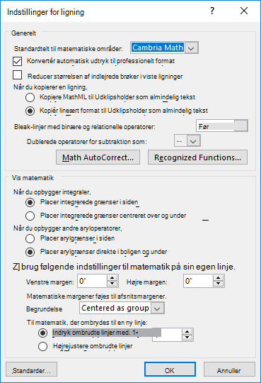 Billede, der viser dialogboksen Indstillinger for ligning