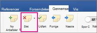 På fanen Gennemse er Slet kommentar fremhævet