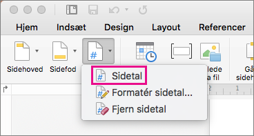 På fanen Sidehoved & sidefod skal du klikke på Sidetal i menuen Sidetal for at tilføje et sidetal.