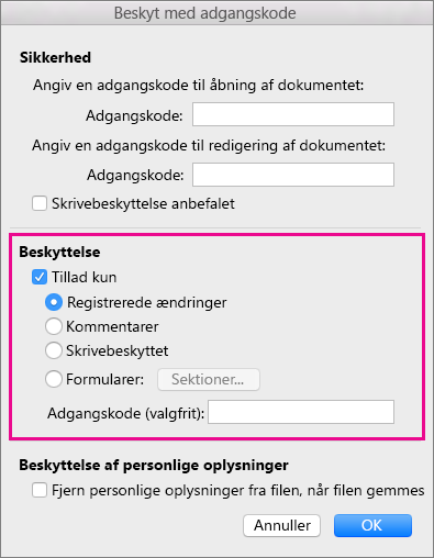 Afsnittet Beskyttelse er fremhævet
