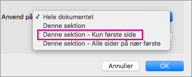 Menuen Anvend på med Kun på første side fremhævet