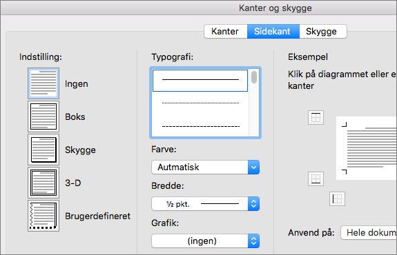 Vælg typografi, farve og bredde til sidekanten