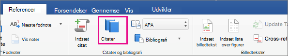 På fanen Referencer er Citater fremhævet.