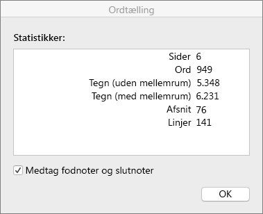 Dialogboksen Ordoptælling