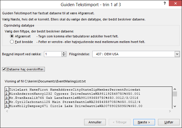 Excel, hent eksterne data fra tekst, guiden Tekstimport, trin 1 af 3
