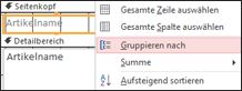 Auswählen der Option 'Gruppieren nach', um einen gruppierten Bericht zu erstellen.