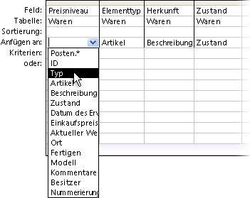 Dropdownliste in der Zeile 'Anfügen an'